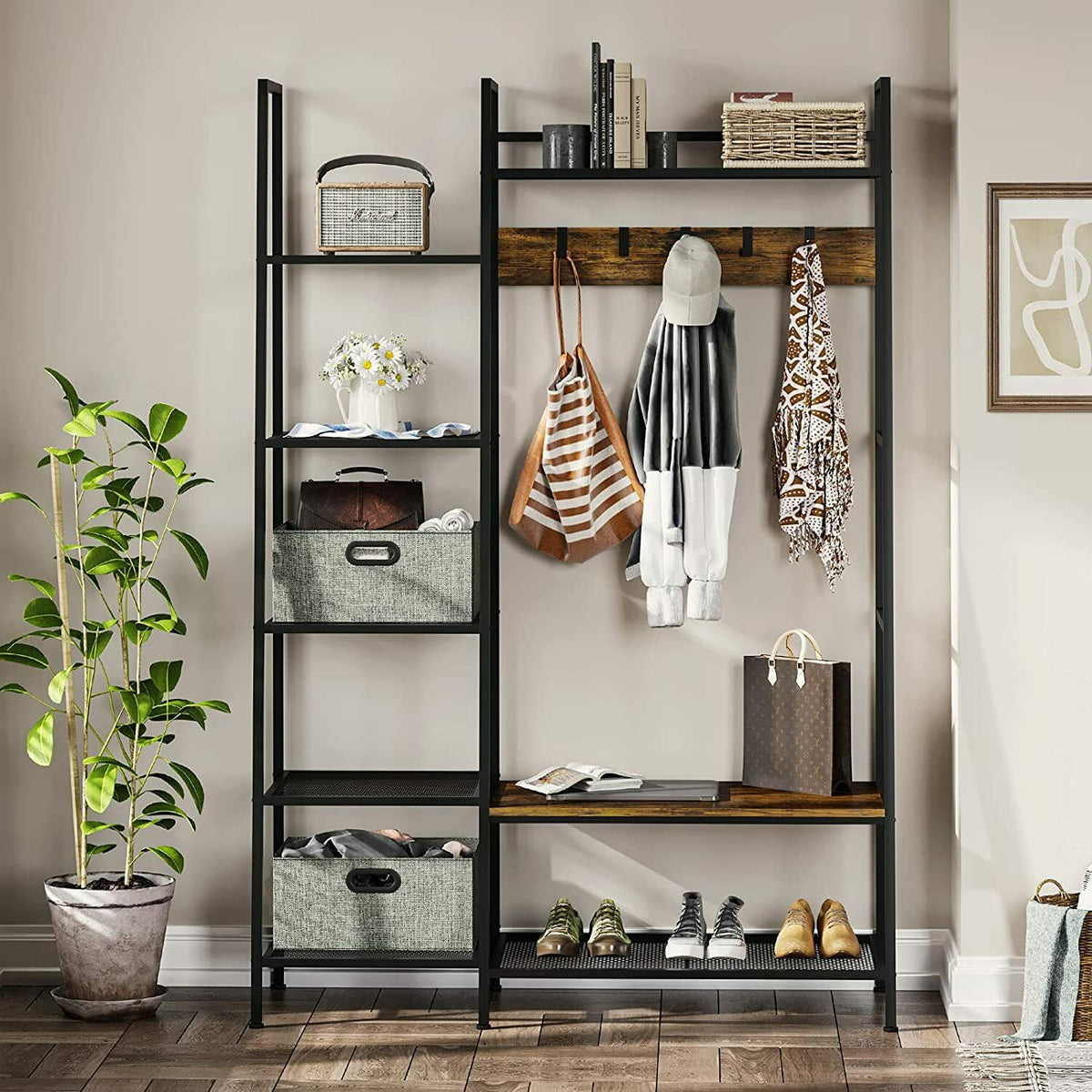 Industrial Hall Tree with Side Storage Shelves, Entryway Bench with Coat  Rack, Freestanding Coat Tree with
